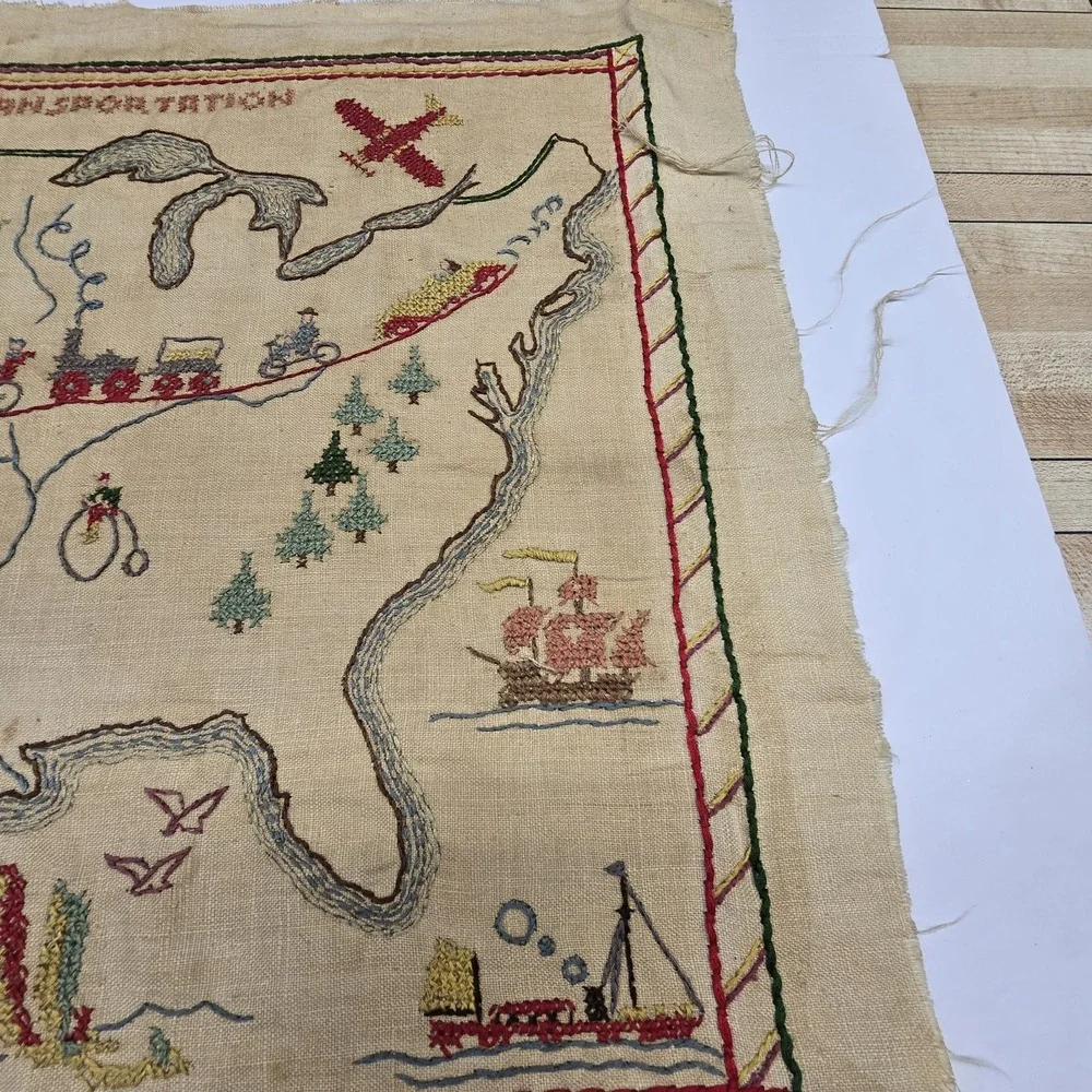 Needlework History Transportation Sampler 1956 Folk Art Rustic Primitive 17
